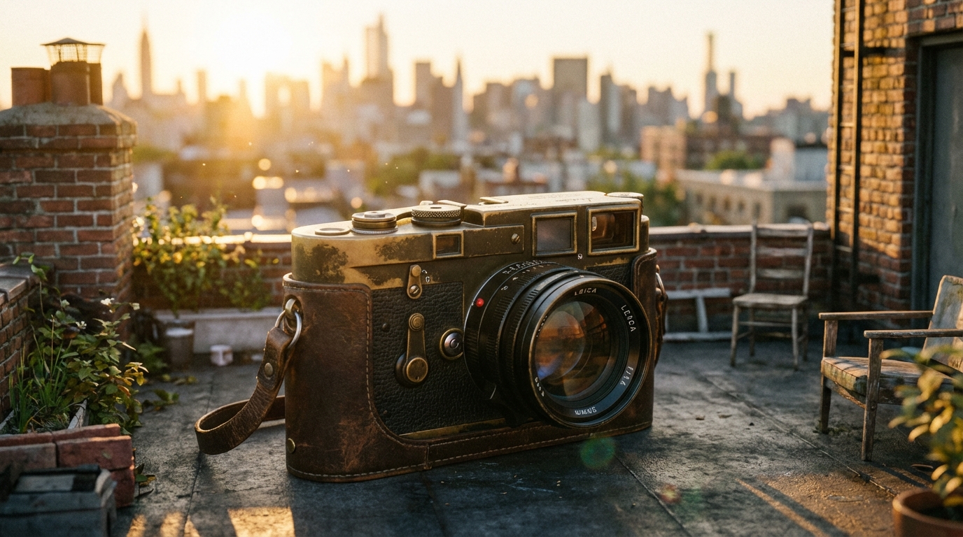 A close-up shot of a vintage camera in an urban rooftop with golden hour lighting, shot on Kodak Portra 400 film with f/1.4 aperture and 50mm lens.